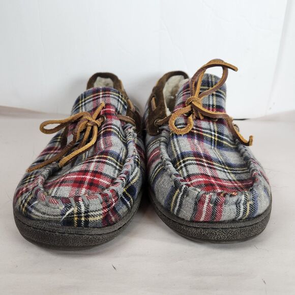 Brooks‎ Brothers Slippers Mens Size 12M Gray  Plaid Textile Leather sherpa Lined - Picture 2 of 9